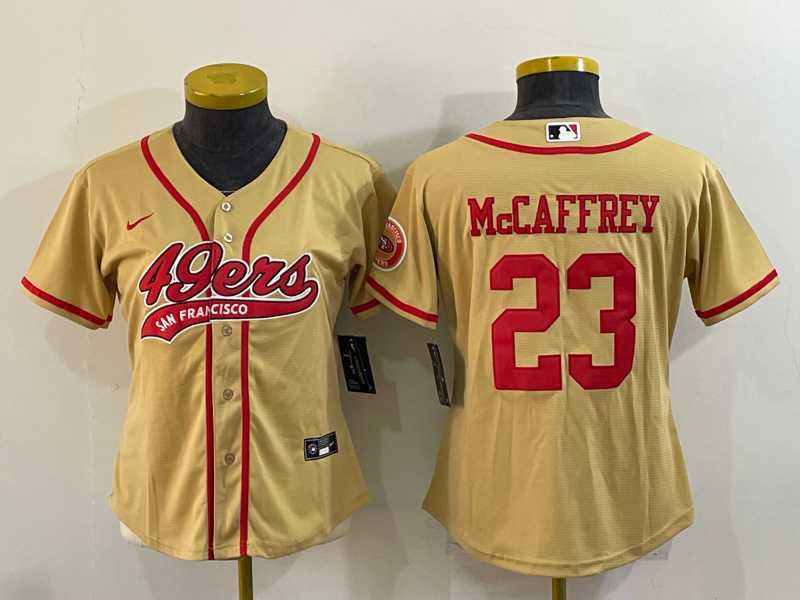 Womens San Francisco 49ers #23 Christian McCaffrey Gold With Patch Cool Base Stitched Baseball Jersey->women nfl jersey->Women Jersey